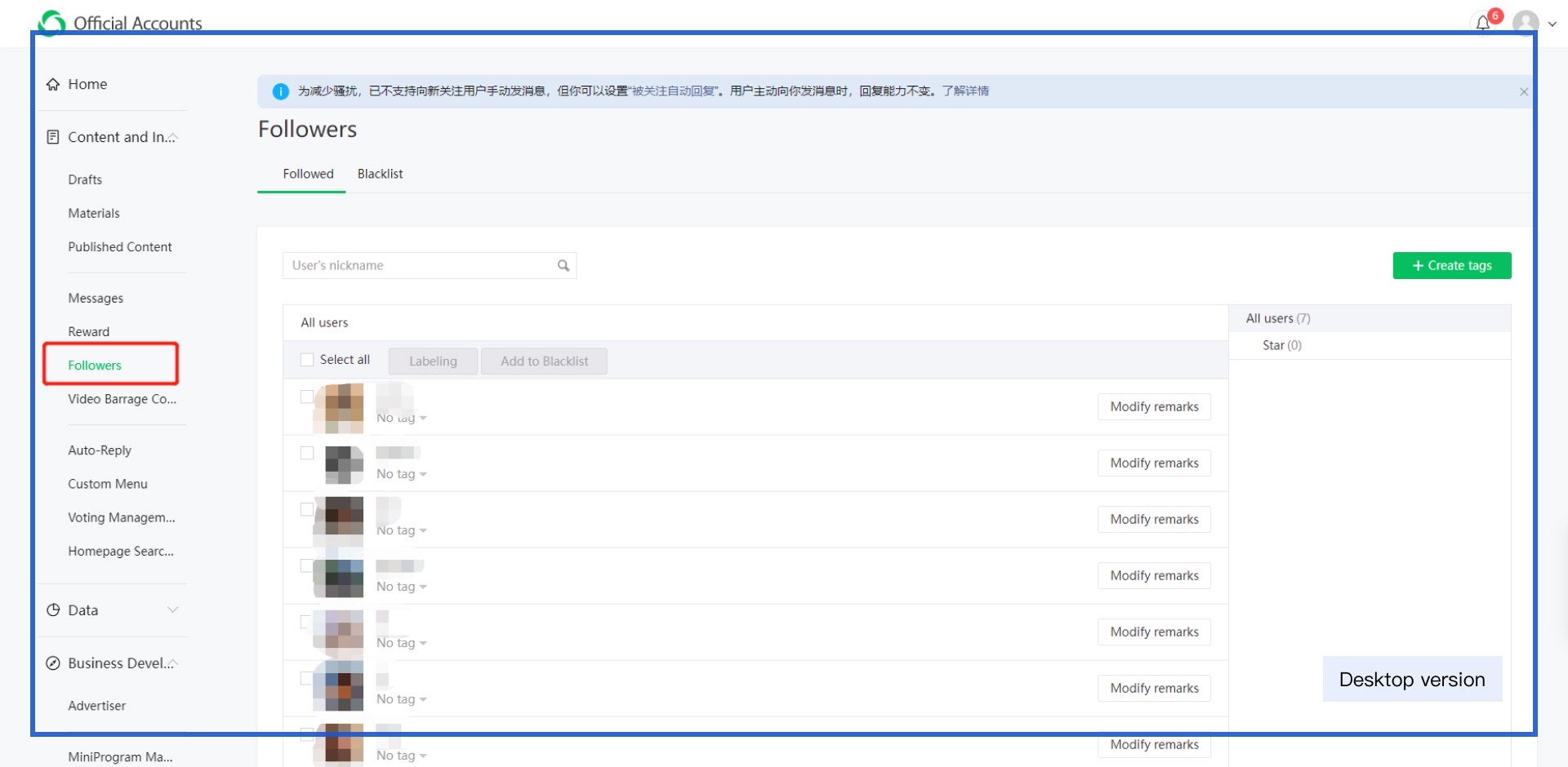 Official Accounts followers screen